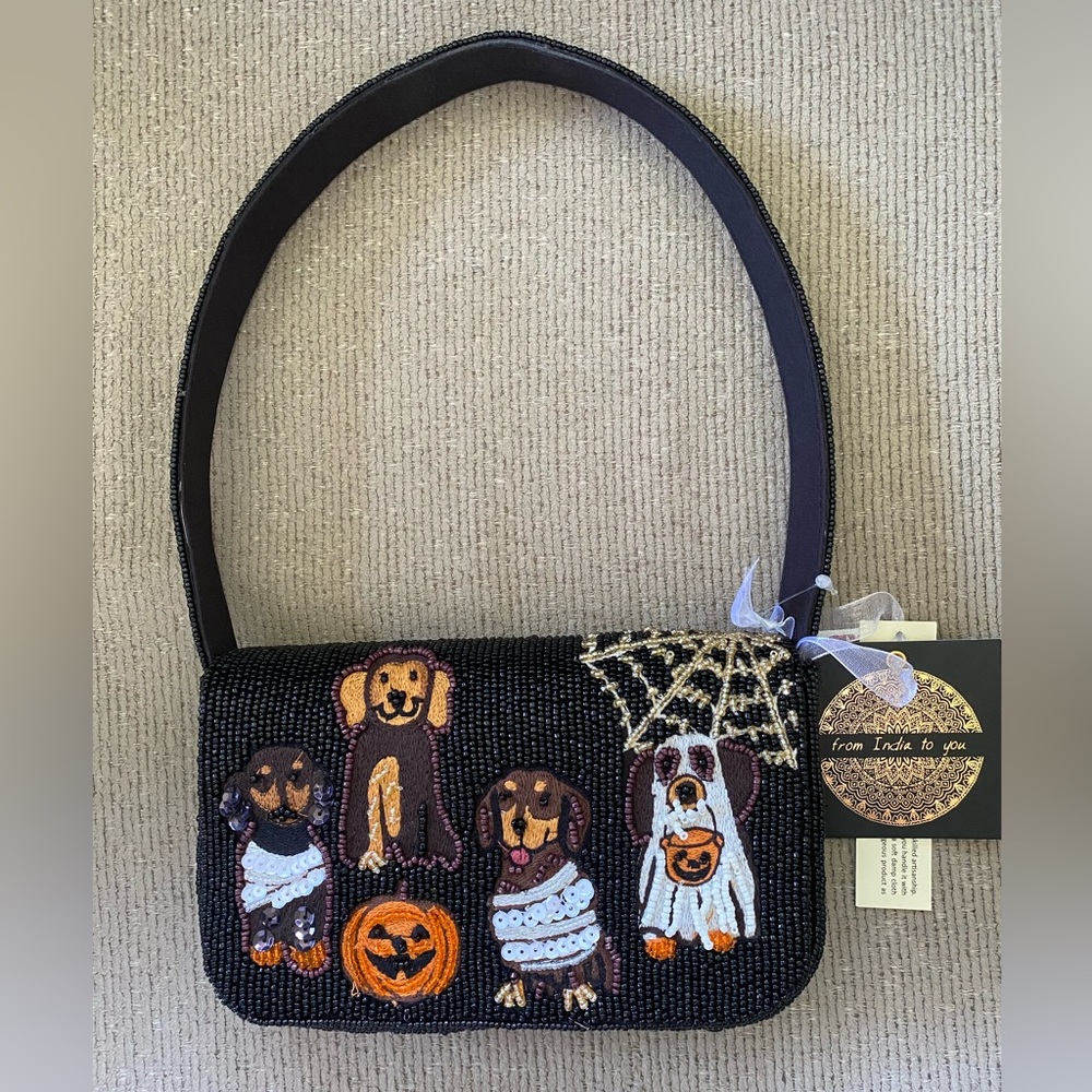 Viral Beaded Halloween Weenie Ghost Dogs Shoulder Bag - Black - Picture 1 of 11